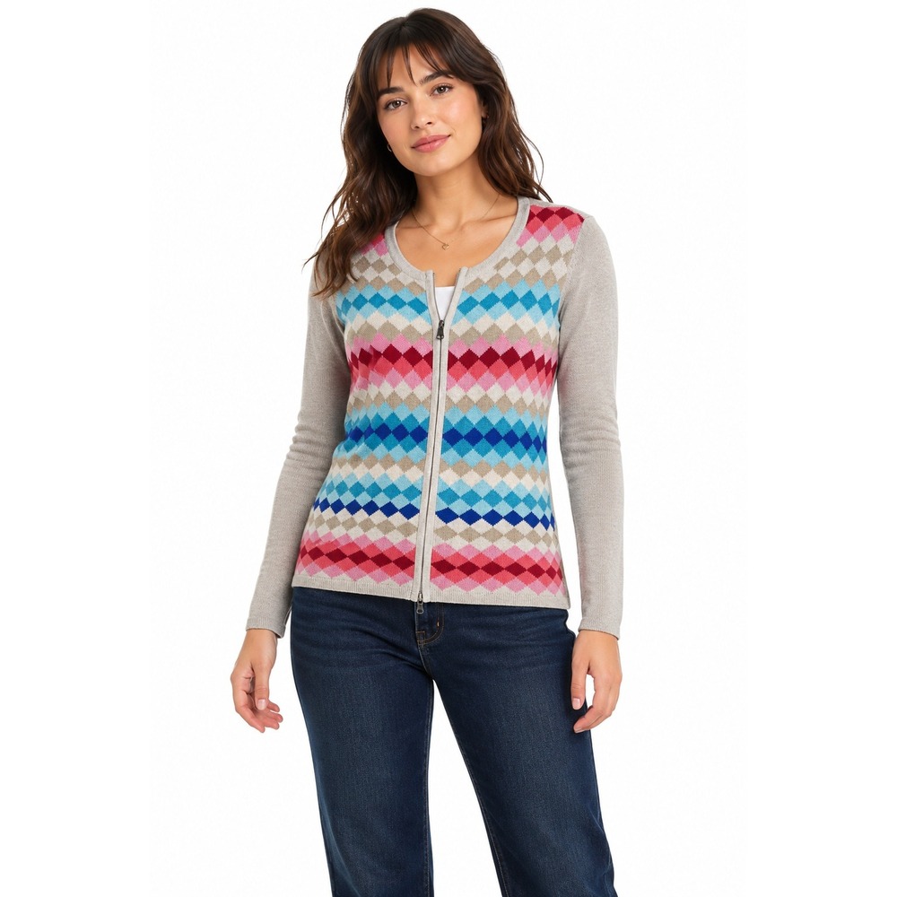 Argyle Zip Cardigan Cotton M Multicolor Preppy Twee Academia Talbots Sweater